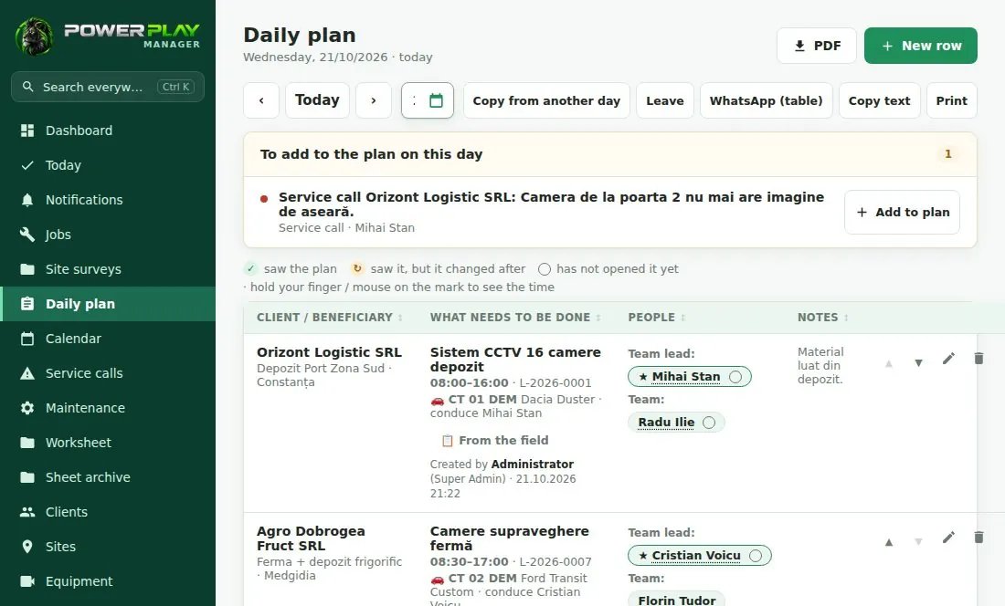 The daily plan in Power Play Manager